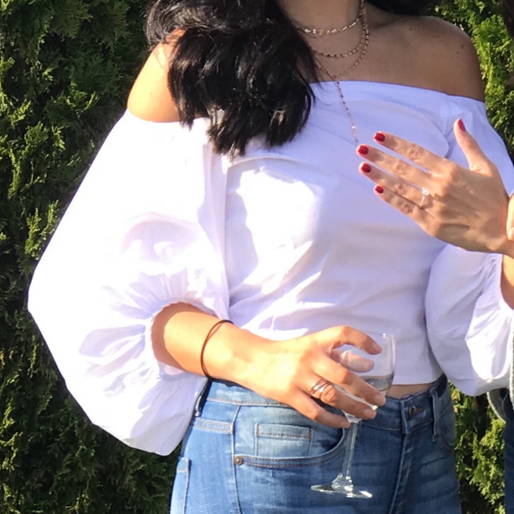 Free People White Off-Shoulder Puff Sleeves Cropped Blouse
